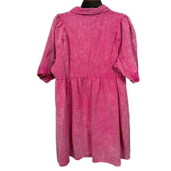Umgee Washed Babydoll Dress 1X Pink Short Sleeve Button Front Cotton Boho - Picture 3 of 13